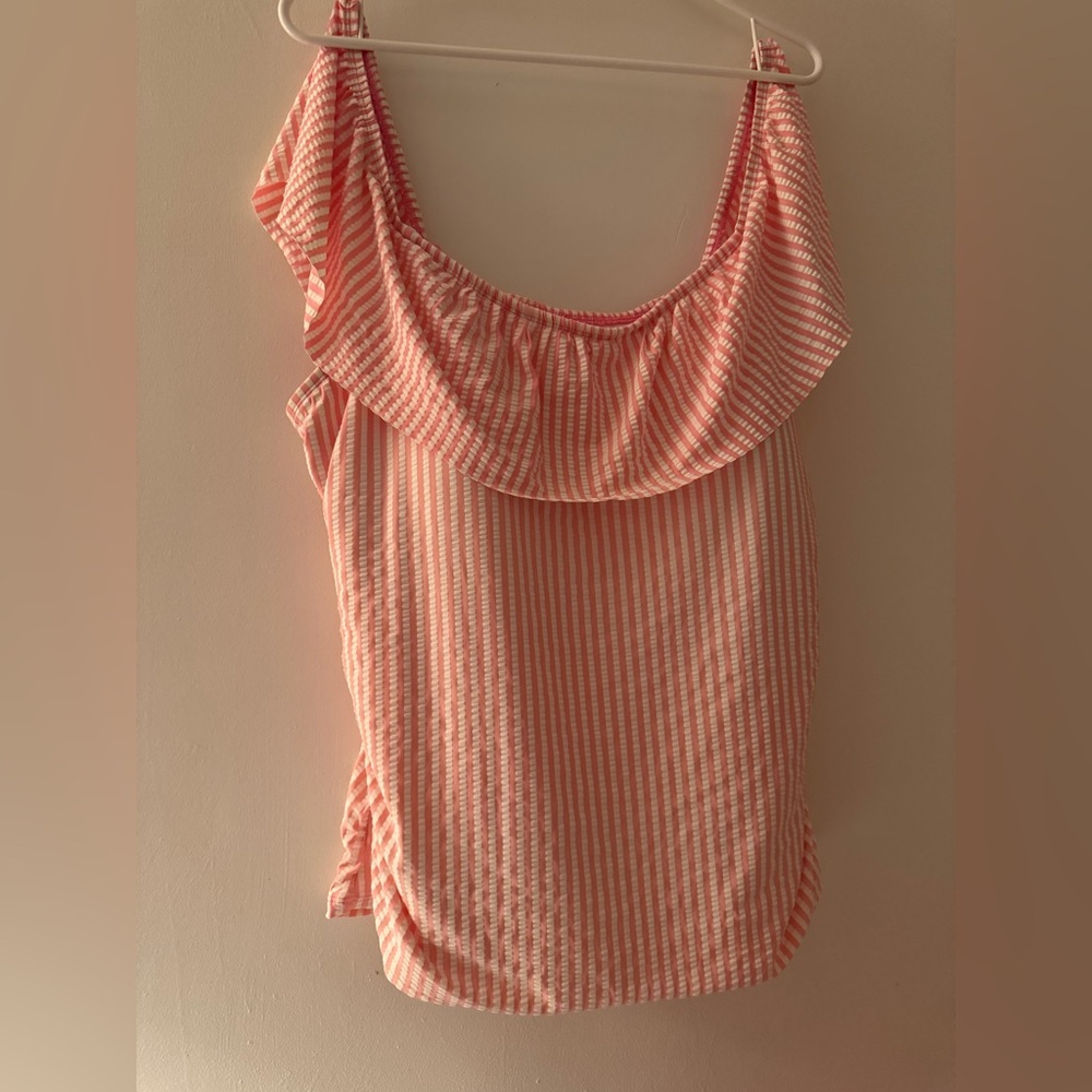 crown & ivy✨Seersucker✨  Pink Striped Ruffle Swimsuit Top